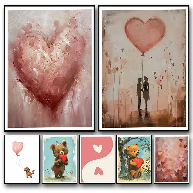 Poster con Palloncini a Cuore Rosa e Coppia di Cuccioli, Stampa Artistica da Parete, Quadro Astratto con Diamanti, Decorazione per Soggiorno, Regalo di San Valentino