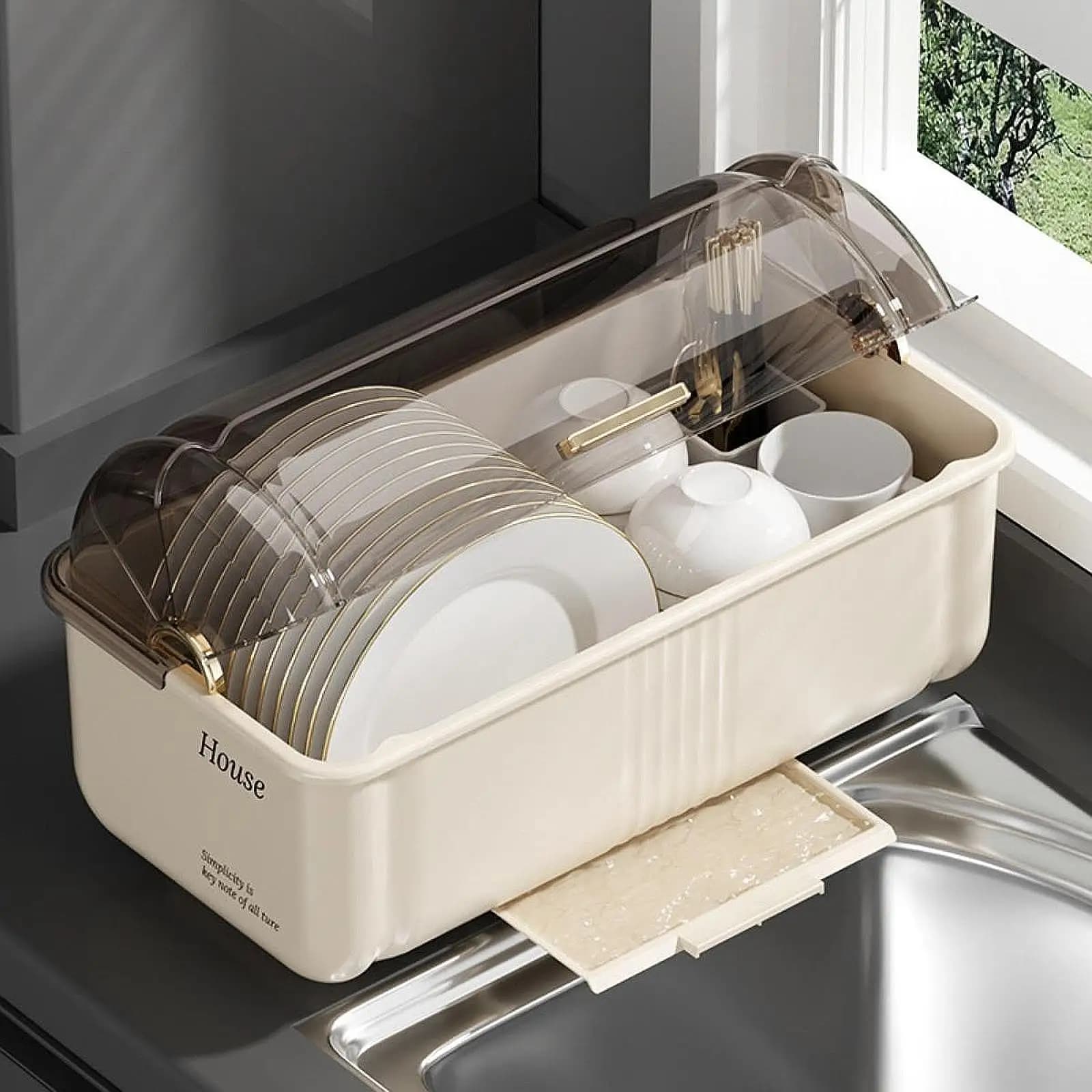 Space Saving Tableware Drying Rack with Dustproof Lid Kitchen Storage Tray Drainer for Plates Bowls and Cutlery
