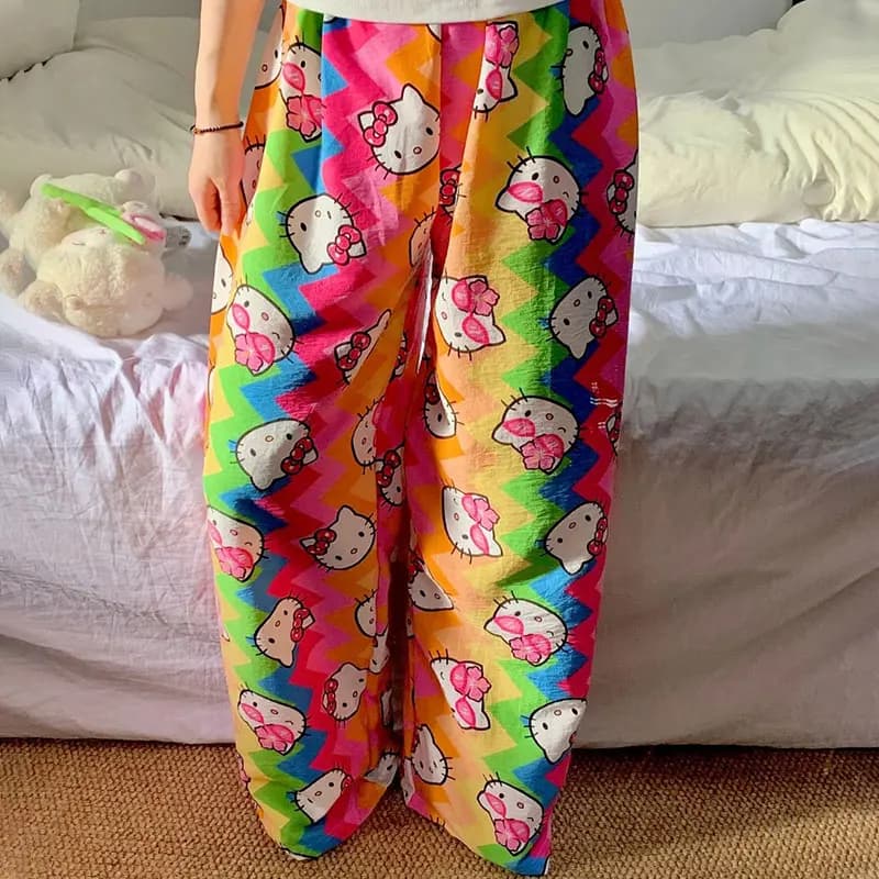 Pantaloni Pigiama Anime Hello Kitty Gatto Arcobaleno Dopamina, Pantaloni Casual Larghi con Gonna, Cartone Animato Carino, Regalo per Ragazza