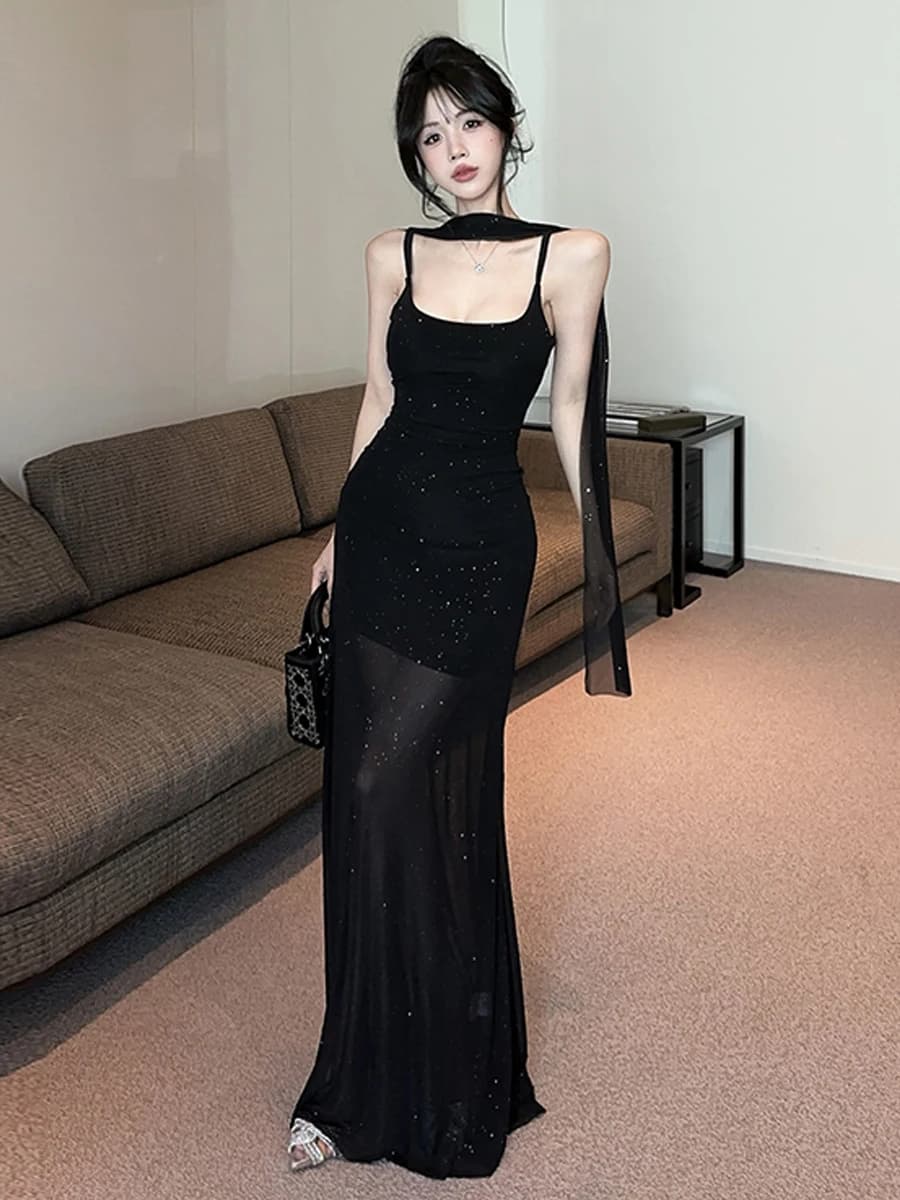 Elegante Abito Lungo da Donna Stile Dea Sexy con Inserti in Rete, Senza Spalline, Semitrasparente e con Cintura Fluttuante