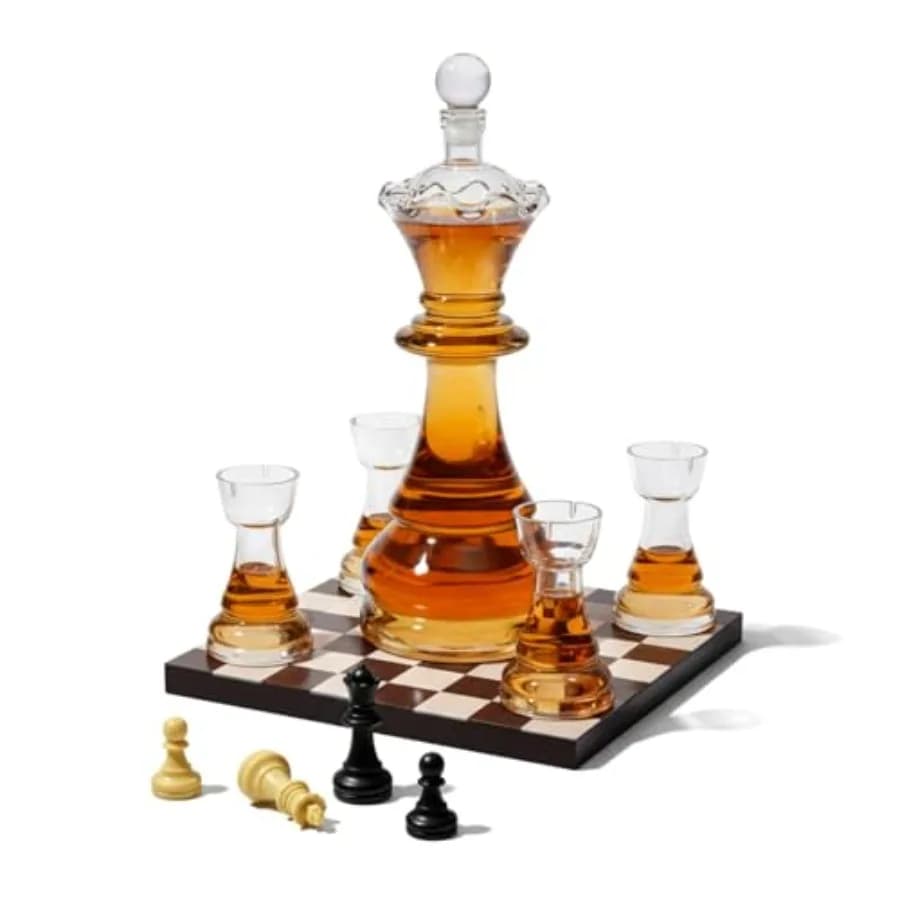 Set Decanter a Tema Scacchi - Decanter Regina degli Scacchi 750ml 30cm con 4 Bicchierini da Shot 4oz - Regali per Giocatori di Scacchi Queen's Gambit