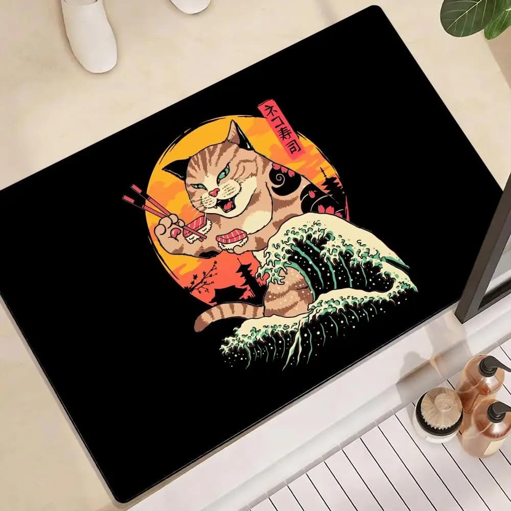 Tappetino da Pavimento in Stile Samurai Giapponese con Gatto Kawaii, Antiscivolo e ad Asciugatura Rapida, in Diatomite, per Bagno, Cucina e Ingresso