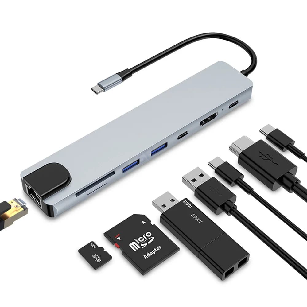 Docking station hub compatible with USB C to HDMI 8 in 1 Type C RJ45 Ethernet Porte USB 3.0 SD/TF PD card reader for MacBook Pro Dock