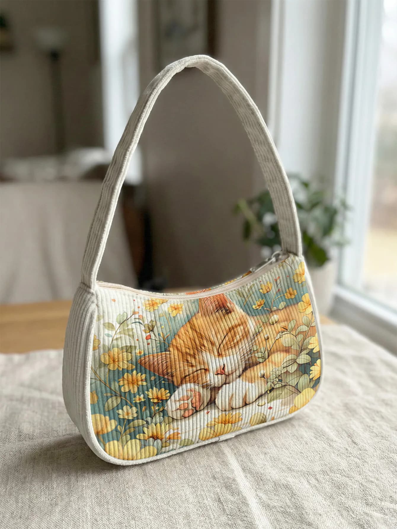 Trendy Sleeping Orange Cat Print Shoulder Bag, Corduroy Underarm Bag for Daily Casual Use