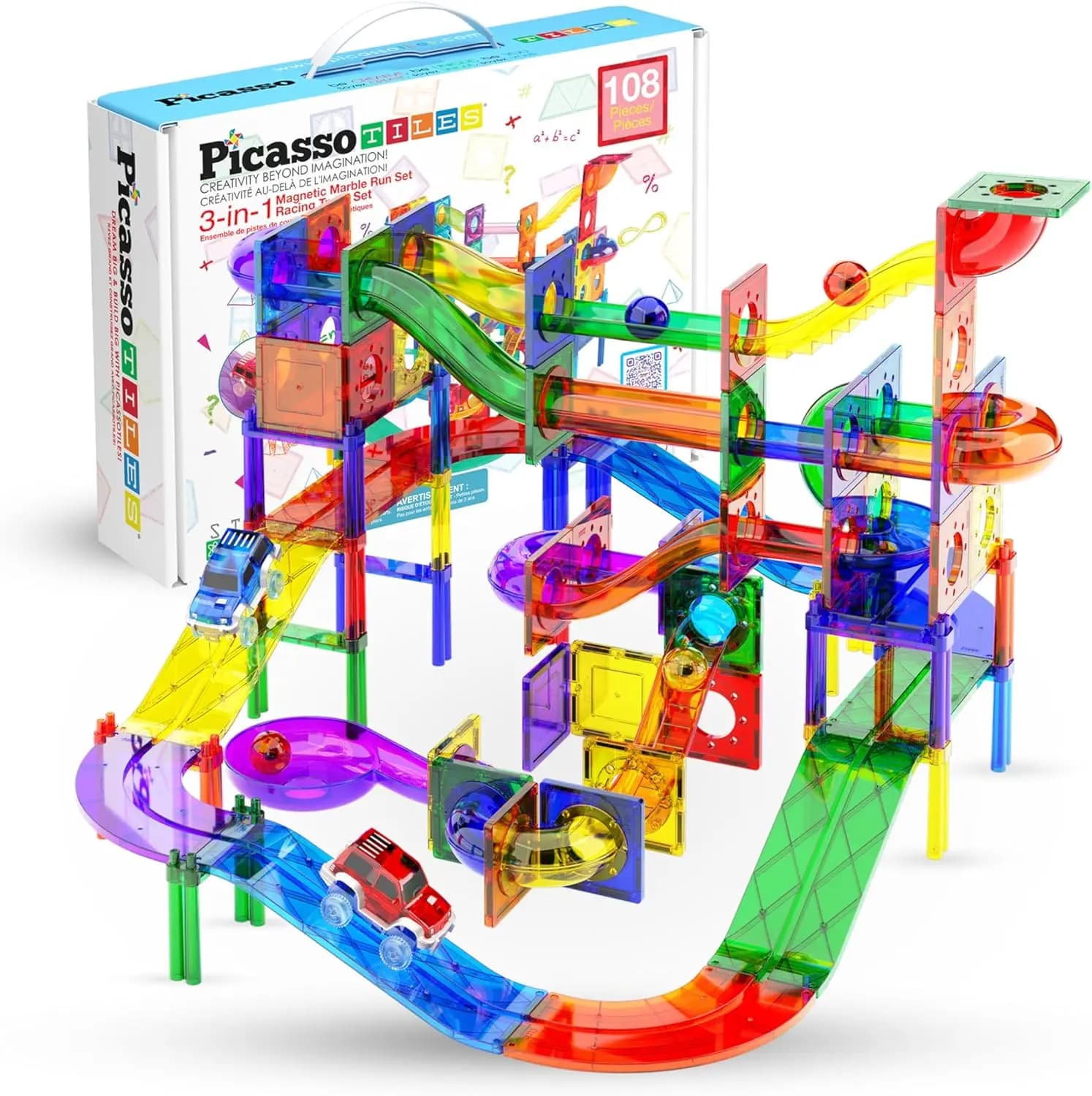 Set di Pista per Biglie Magnetica da 108 Pezzi con Mattoncini da Costruzione, Scivoli per Auto, Giocattolo Educativo STEM per Bambini dai 3 Anni in Su