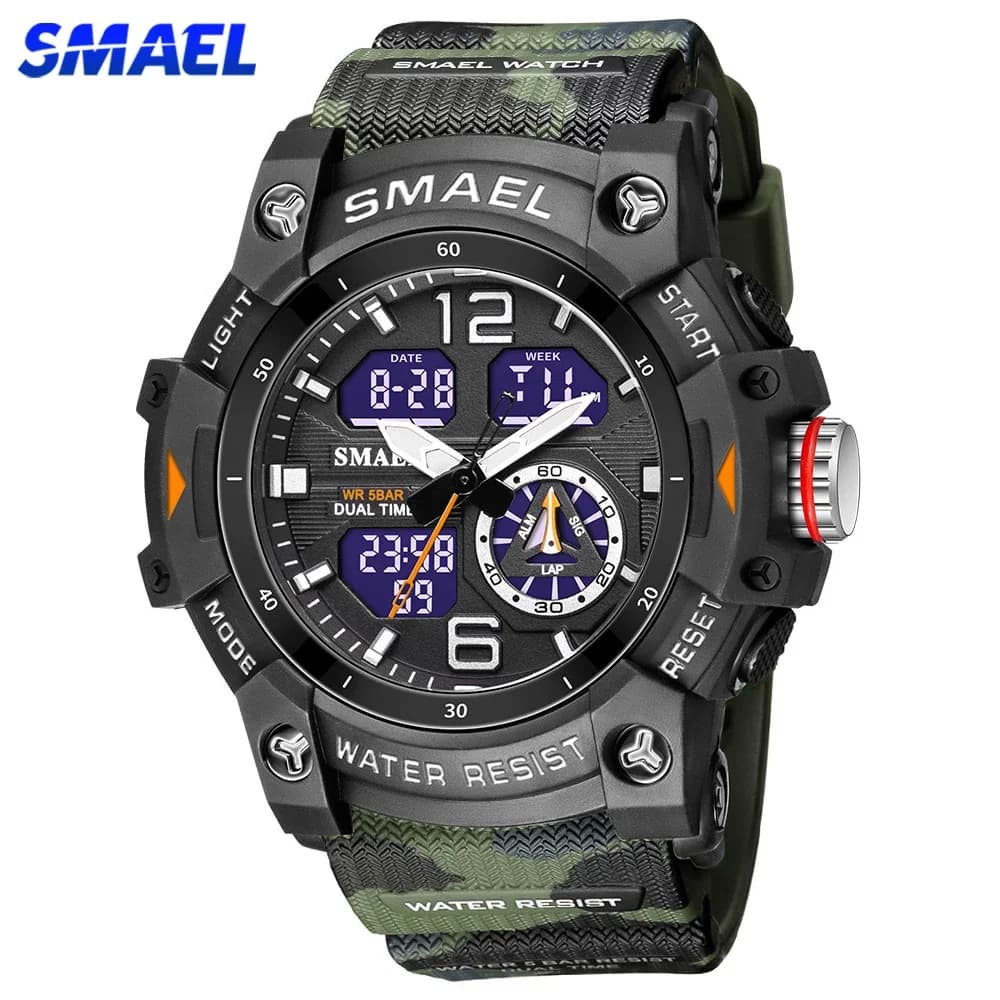 SMAEL Orologi sportivi da uomo Camo cinturino digitale doppio orologio da polso al quarzo digitale LED moda cronometro allarme orologio militare maschile