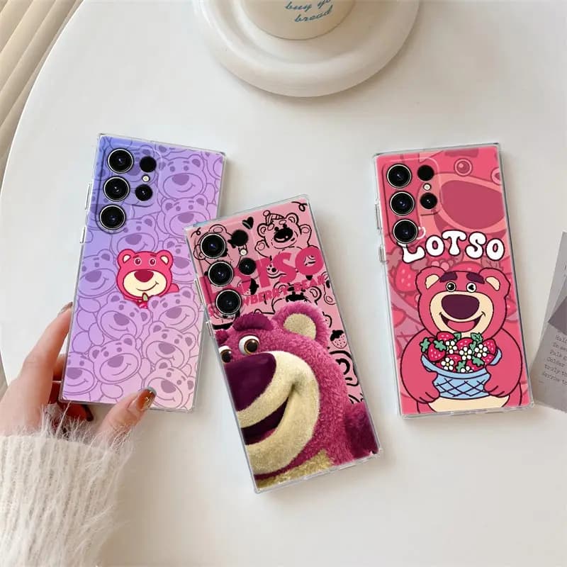 Custodia Trasparente Morbida con Orsetto Fragola Lotso per Samsung Galaxy S26 S25 Ultra S24 S22 S26 Plus S20 S23 S21 S25 FE 5G