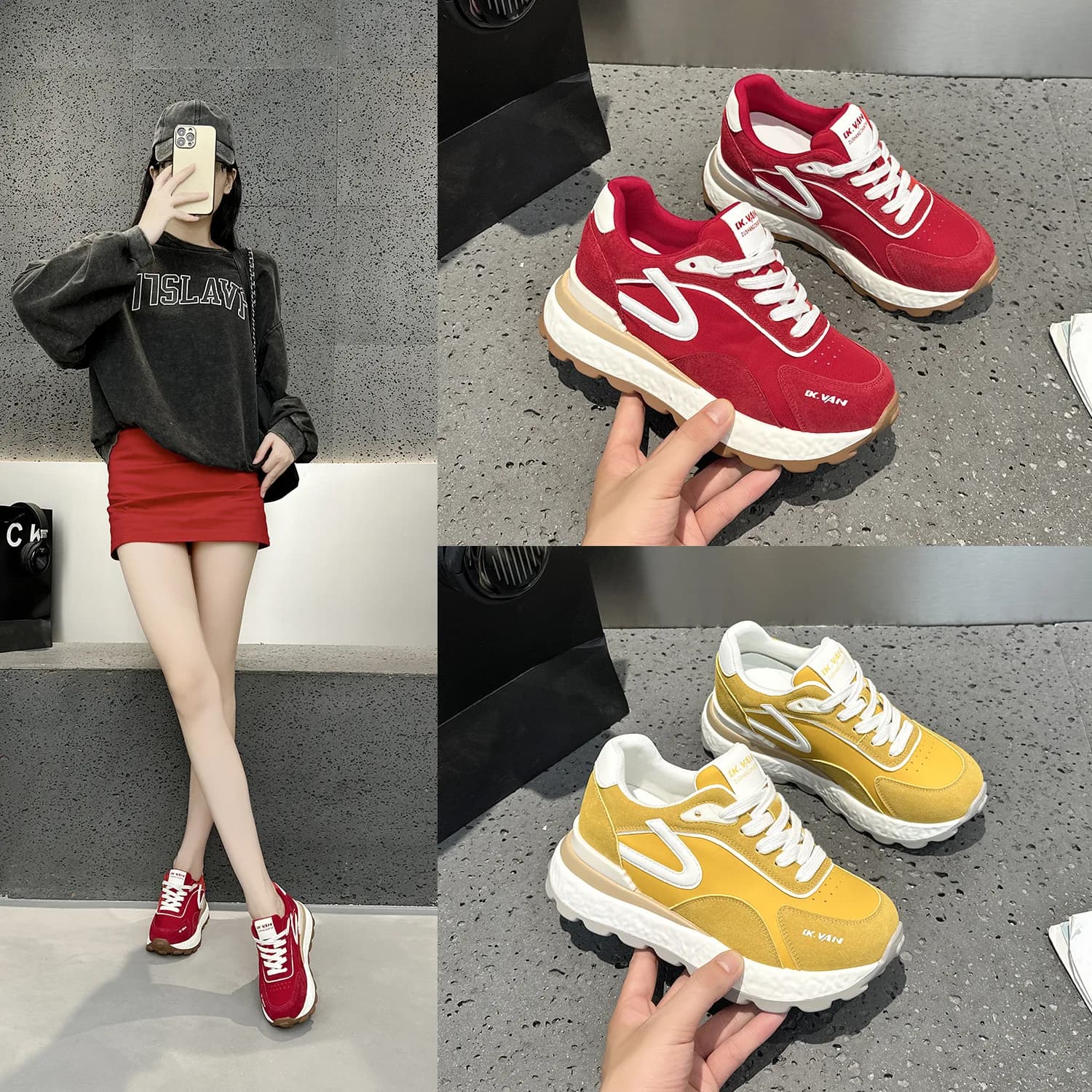 Scarpe sportive da donna da 7 cm zapatillas de mujer gialle Scarpe da corsa per esterni rosse Scarpe da donna comode con suola spessa per aumentare l'altezza