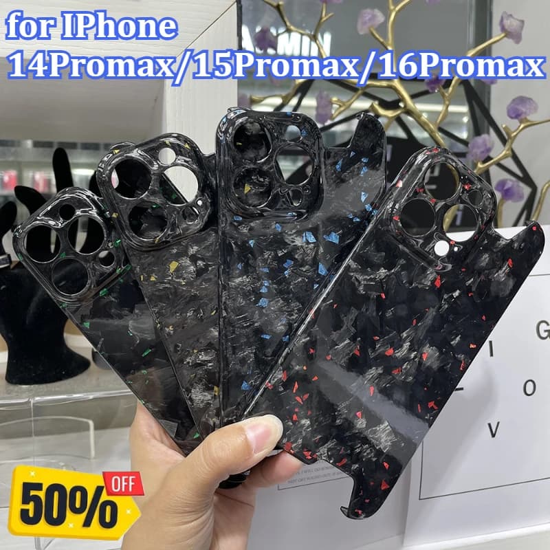 Custodia in Fibra di Carbonio Forgiata Lucida Ultra Leggera per iPhone 14/15/16 Pro Max, Glitterata e Antiurto con Design Irregolare