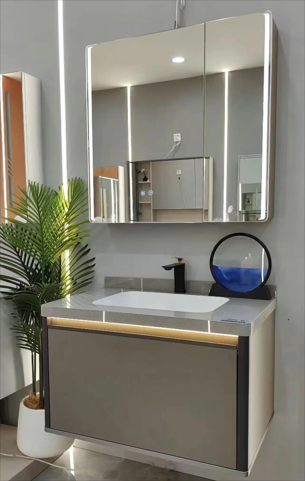 z Nuovo design moderno in compensato montato a parete per mobiletto da bagno, set di mobili con mobiletto da toeletta a specchio a LED