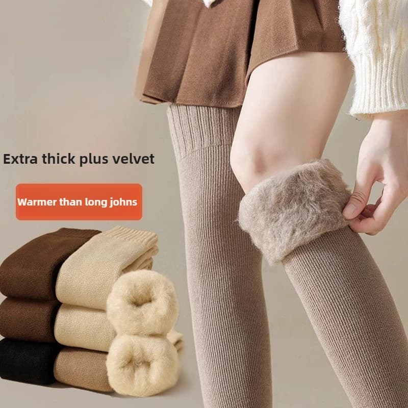 2 paia di calzini da donna sopra il ginocchio in cashmere, calzini alti spessi foderati in pile termico invernale con soffice protezione calda del ginocchio