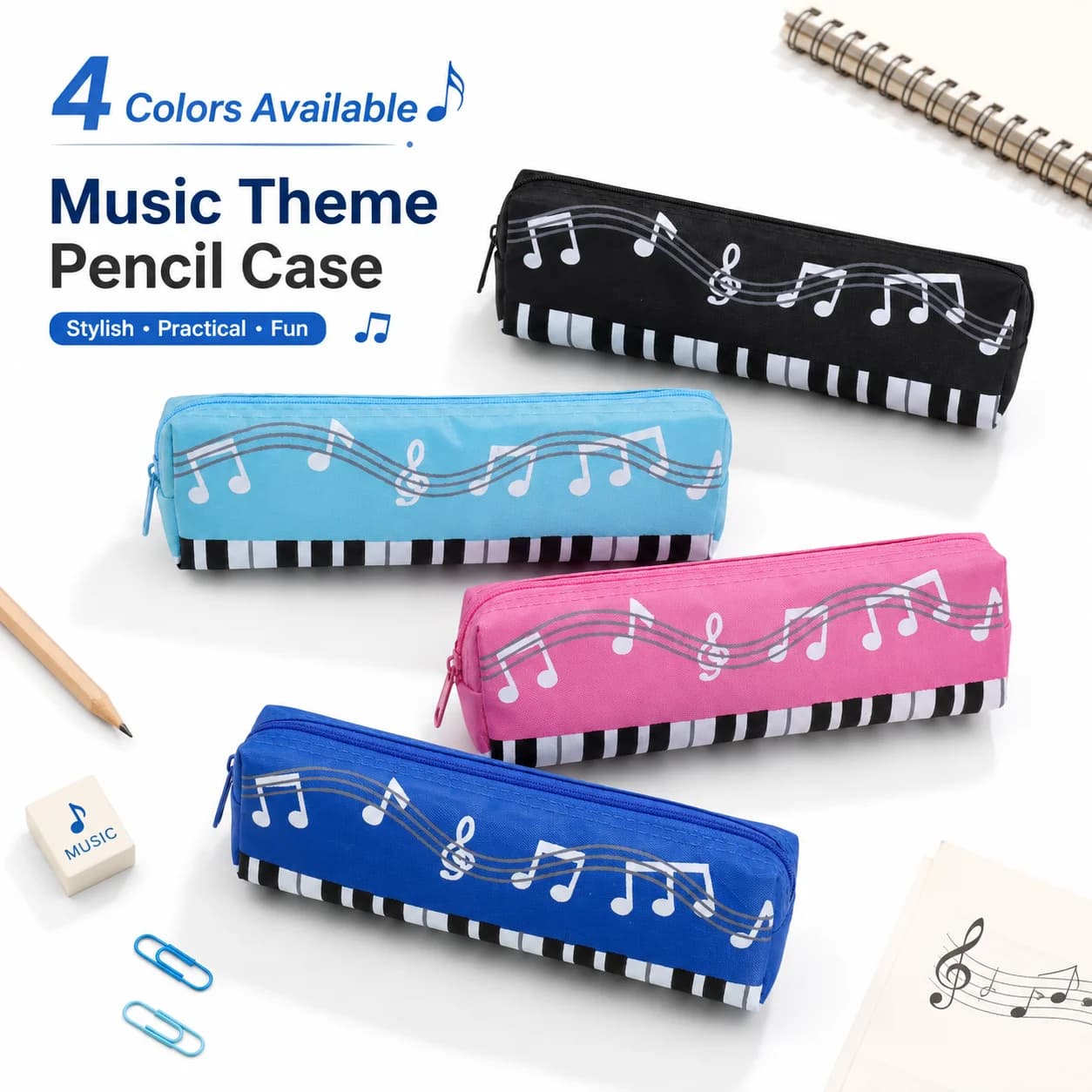 Music Note Piano Key Fabric Pencil Case Large Zipper Stationery Pouch Back to School for Music Students Office Use