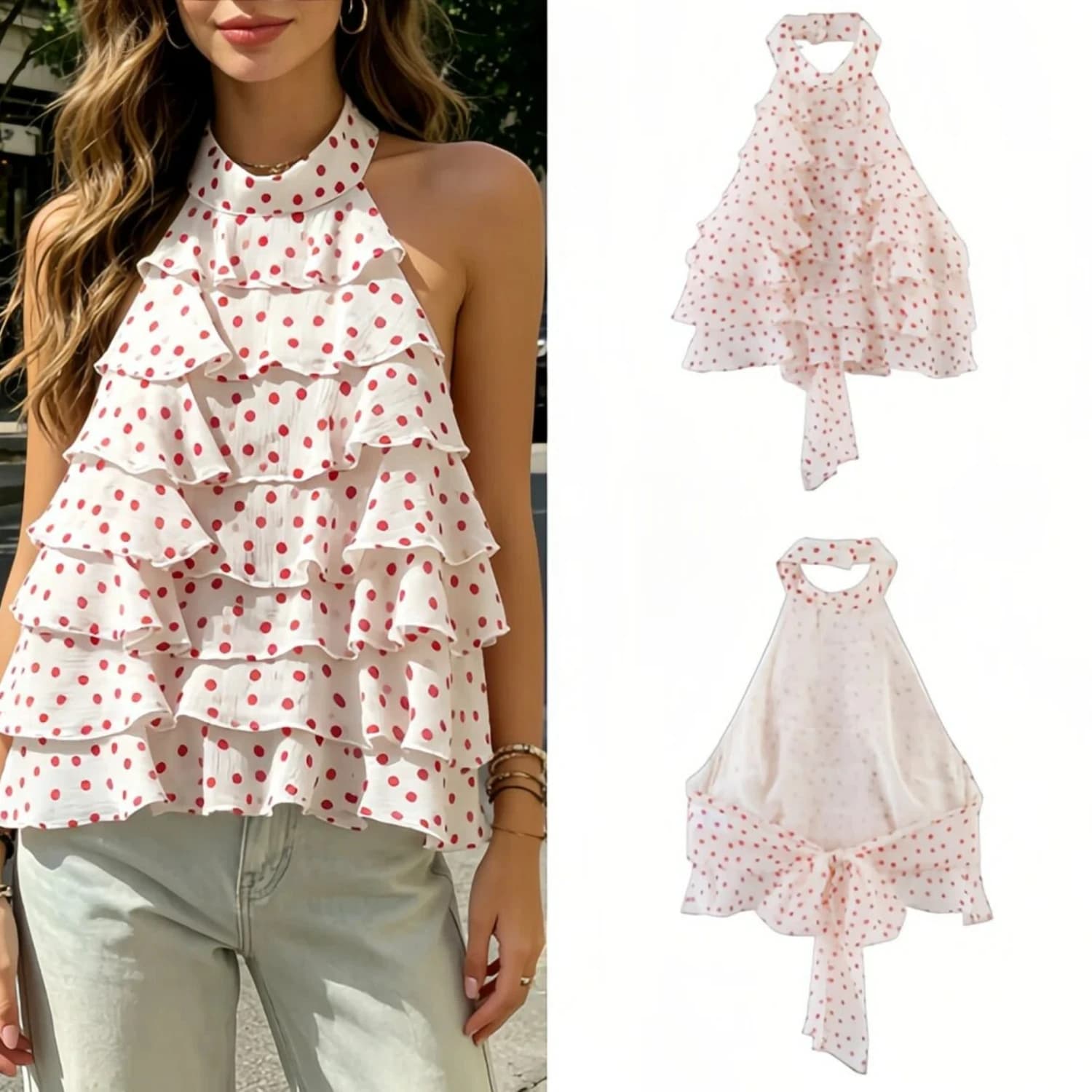 Top Estivo da Donna con Halter e Spalline Sottili 2026, Blusa Senza Maniche con Volant a Strati e Laccetti Posteriori, Fantasia a Pois o Tinta Unita, Casual, Pieghettata, per Feste
