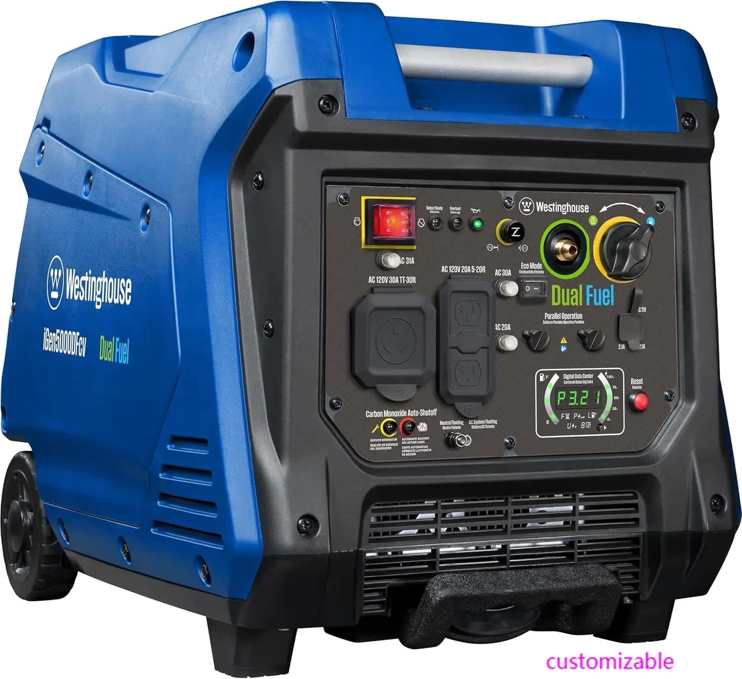 Generatore di inverter portatile a doppio combustibile super silenzioso da 5000 Watt di picco, kit ruota e maniglia, alimentato a gas e propano, pronto per camper, sensore di CO