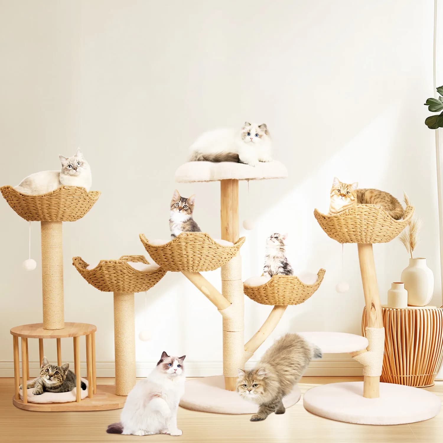 Grande Albero per Gatti per Adulti con Tiragraffi in Legno Naturale e Cuccia in Vimini