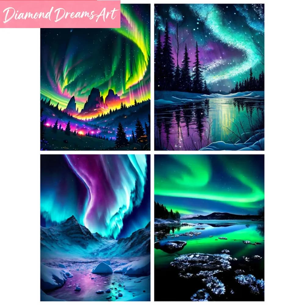 Dipinto Diamantato Paesaggio con Diamanti, Aurora Boreale, Ricamo a Diamanti Rotondi Completi, Decorazione Murale Creativa, Senza Cornice