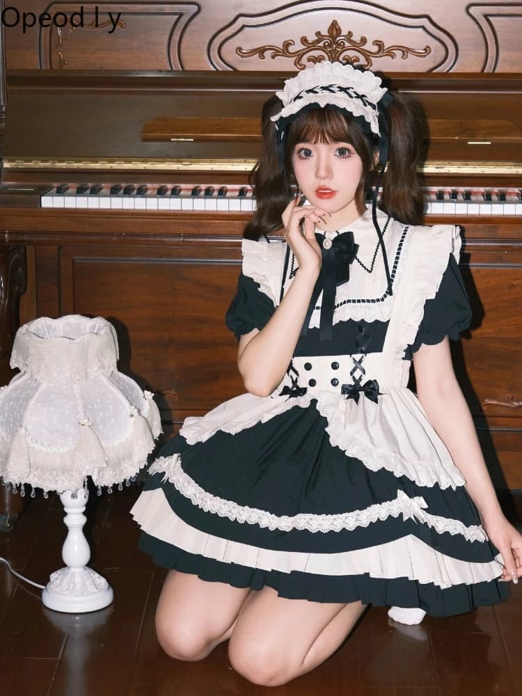Abito Lolita Giapponese Originale Stile Antico da Cameriera, Vestito Dolce e Carino per Ragazze, Nero e Bianco con Maniche Lunghe Staccabili