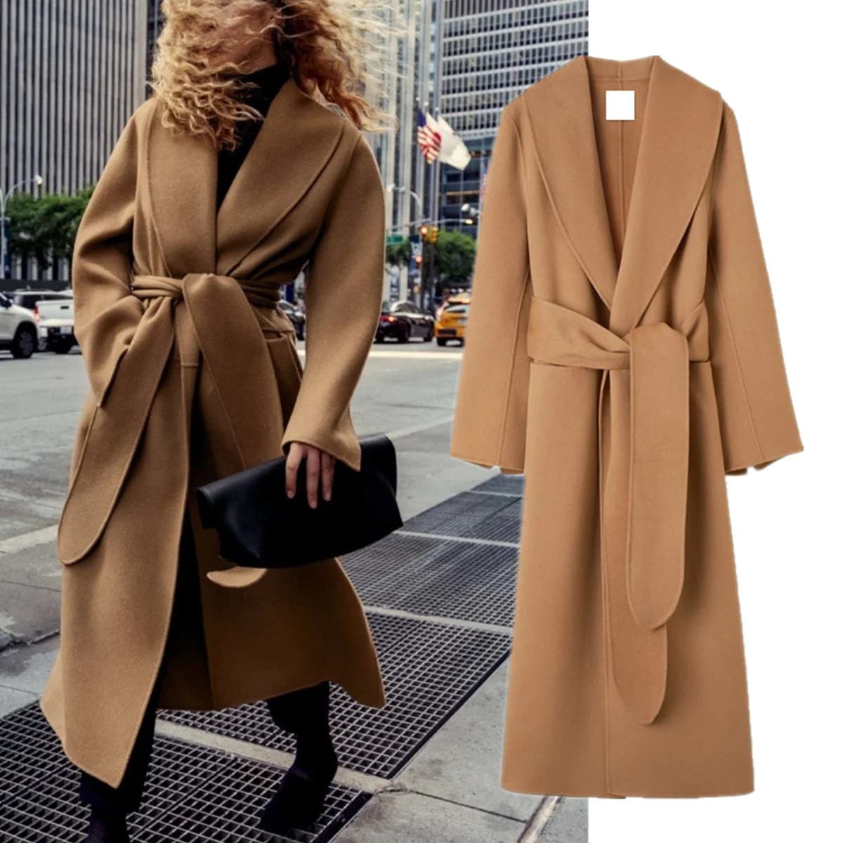 Jenny&Dave Cappotto invernale cammello britannico Cintura nordica minimalista Cappotto lungo in accappatoio di lana double face per donna Top Giacca lunga