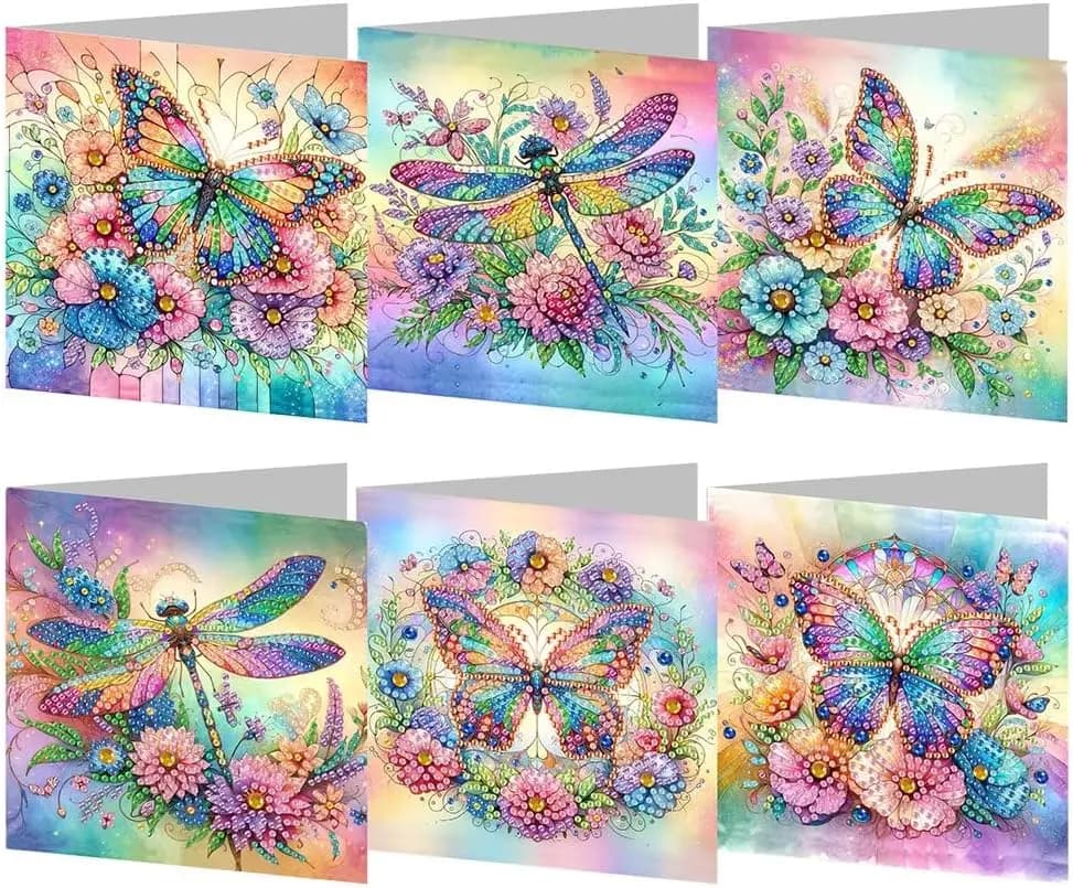 pigpigboss Set di 6 Biglietti d'Auguri con Pittura Diamantata a Forma di Farfalla, Biglietti d'Artigianato con Diamanti a Forma di Fiore e Libellula per Compleanno