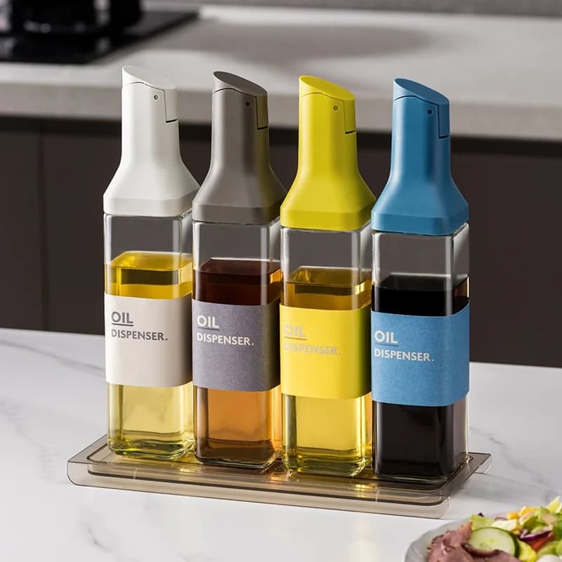 Bottiglia di olio di vetro da 500 ml Apertura e chiusura Contenitore per condimenti di olio d'oliva Cucina domestica Bottiglia dispenser quadrata a prova di perdite