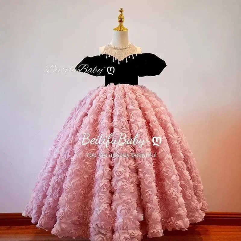BeitifuBaby Girls Party Dress Luce di lusso Halter al largo della spalla Fiori 3D Abito da ballo Banchetto Abiti da ragazza di fiori per il matrimonio