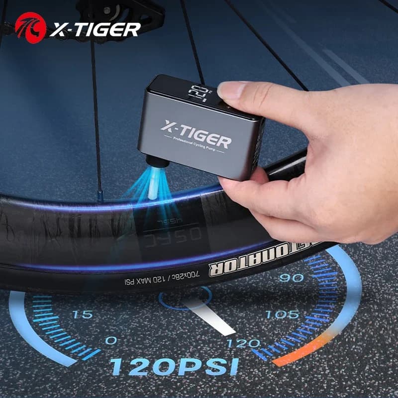 X-TIGER Mini Pompa per Bici Elettrica 120PSI Gonfiatore Ad Alta Pressione Display 2*500mAh Batteria per 2-3 Pneumatici Pompa di Aria Portatile