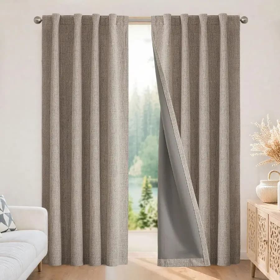 100 Dark Curtains for Bedroom, Natural Linen Curtains, Flax Insulating Thermal Curtains that Block Light, with Tasca per Asta e Linguette di Fissaggio sul Retro