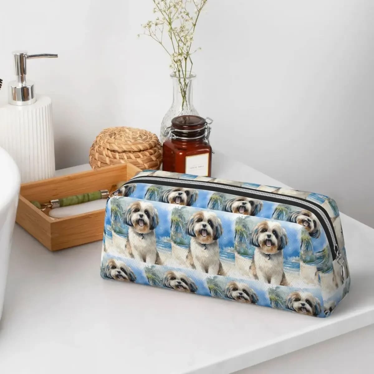 Shih Tzu On The Beach Pencil Cases Pencil Pouch Large Storage Pen Box Pencil Bag for Students Gifts