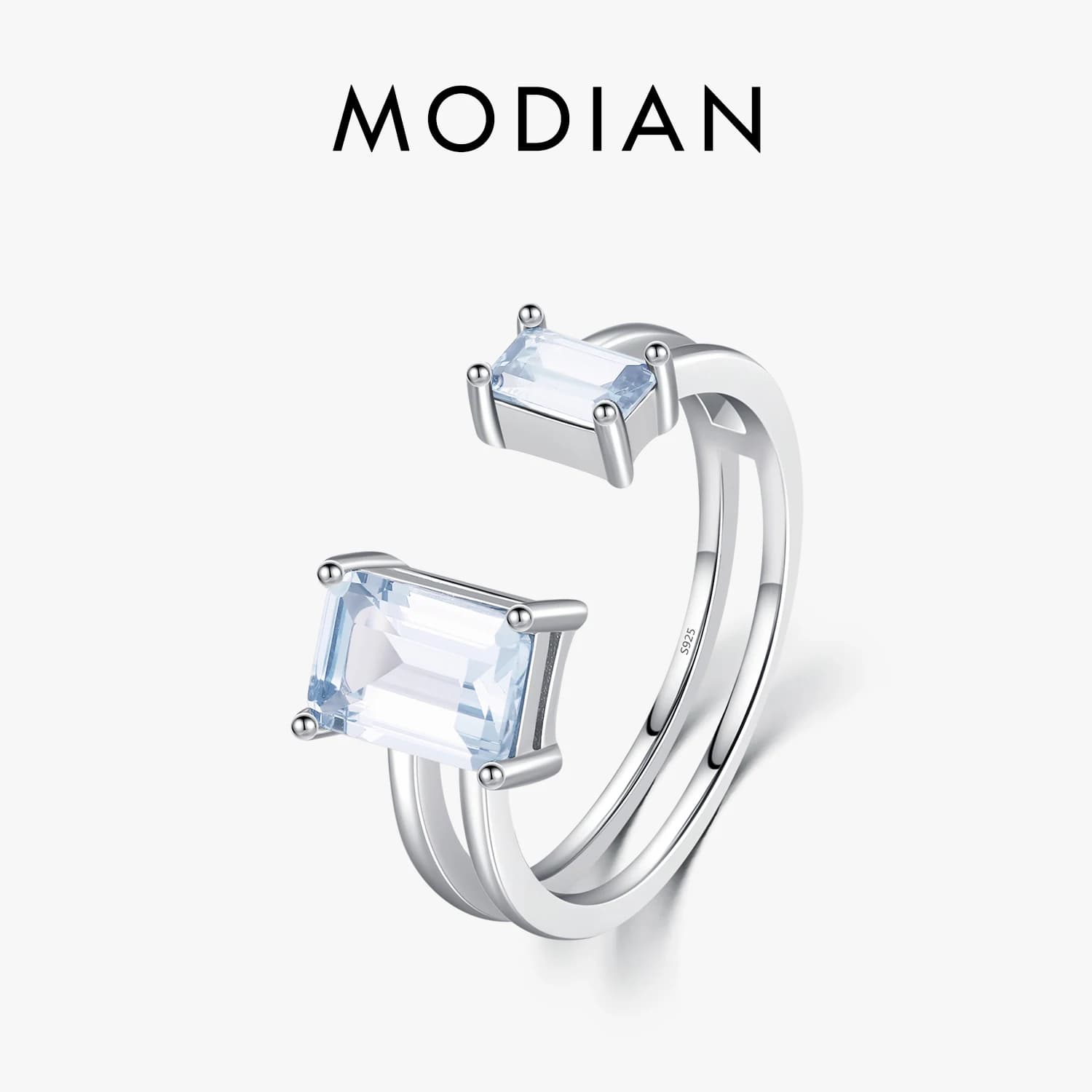 MODIAN 925 Sterling Silver rettangolo taglio smeraldo azzurro CZ anello delicato anello regolabile per le donne ragazza gioielli da festa