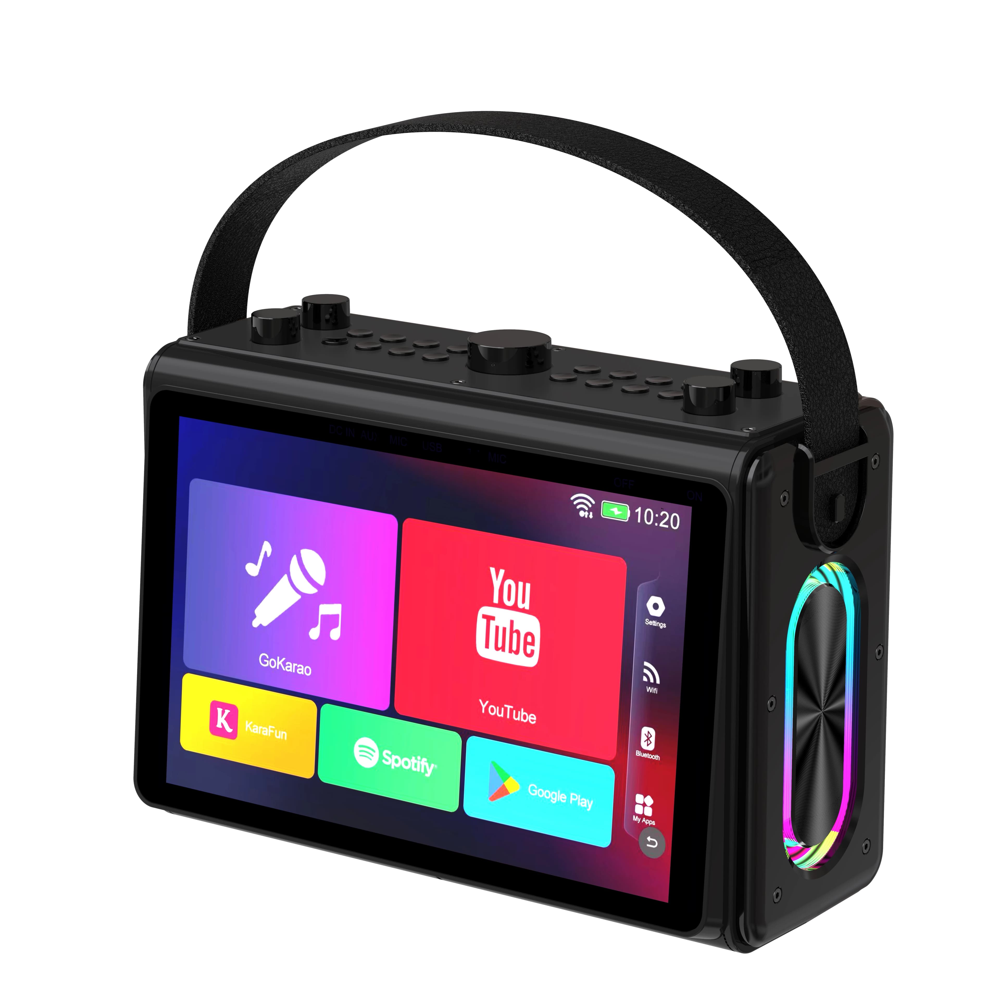 Macchina per karaoke portatile Touch screen HD da 10,1 pollici Sistema operativo Android Wireless Micx2 RGB LED Illuminazione a colori