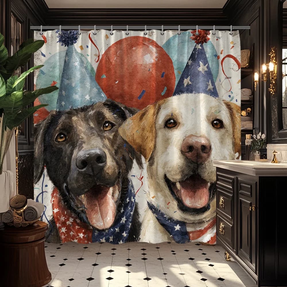 Tenda da doccia per il Giorno dell'Indipendenza, in tessuto di poliestere, decorazione per il bagno, divertente, a tema cani, per feste, impermeabile, lavabile, patriottica