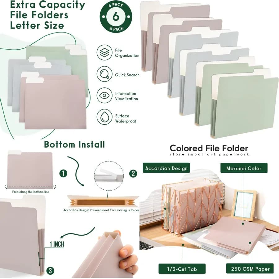 Confezione da 6 cartelle di file decorative per fisarmonica a formato lettera con capacità extra con linguetta a 1/3 tagli per l'organizzazione del desktop domestico della scuola dell'ufficio