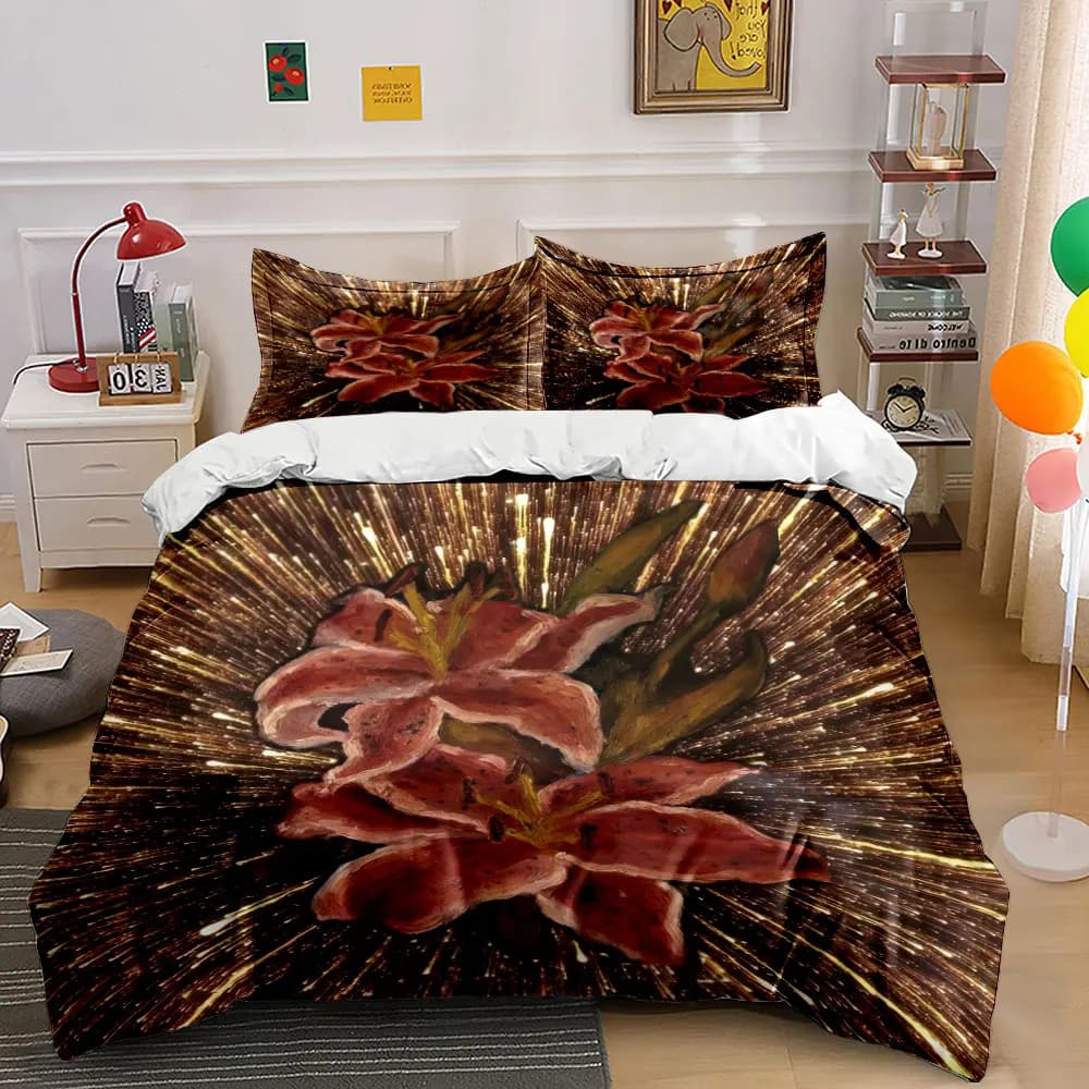Set di Biancheria da Letto 3 Pezzi con Stampa Floreale a Olio, Copripiumino e 2 Federe, Disponibile in Misure Singola, Doppia, King e Queen