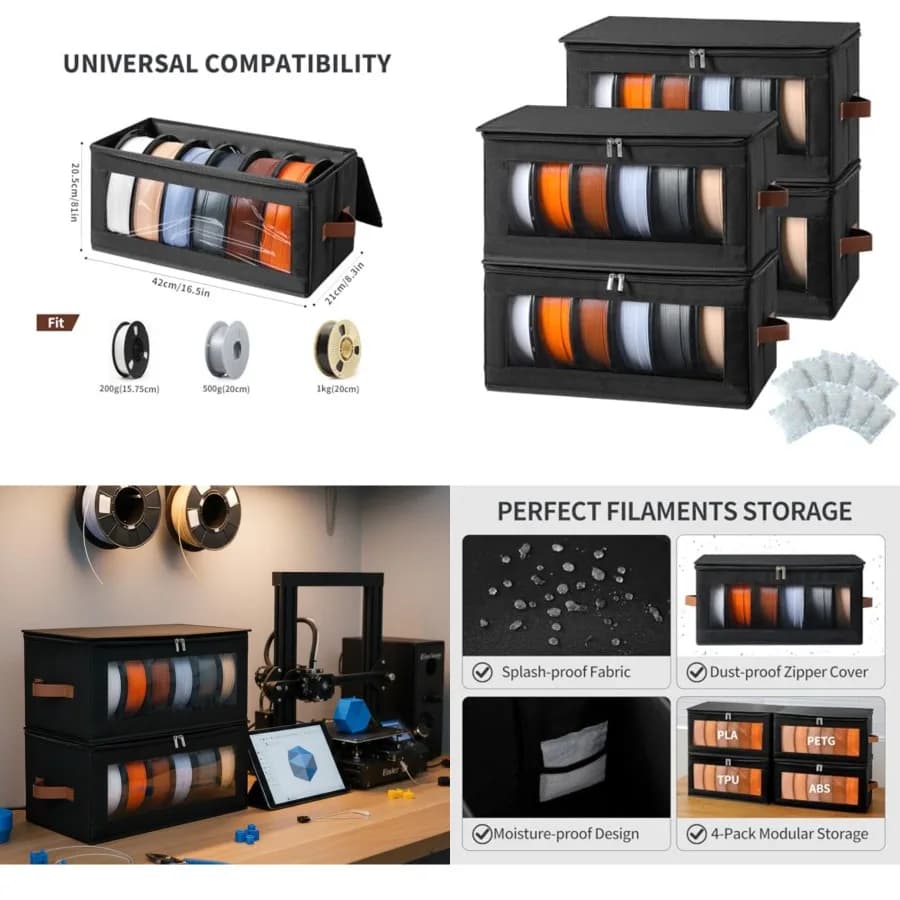 Filament Storage Box - 4 Pack 3D Printer Filament Storage Containers with Desiccants, Holds Up to 24 Rolls, 3D Printing Accesso