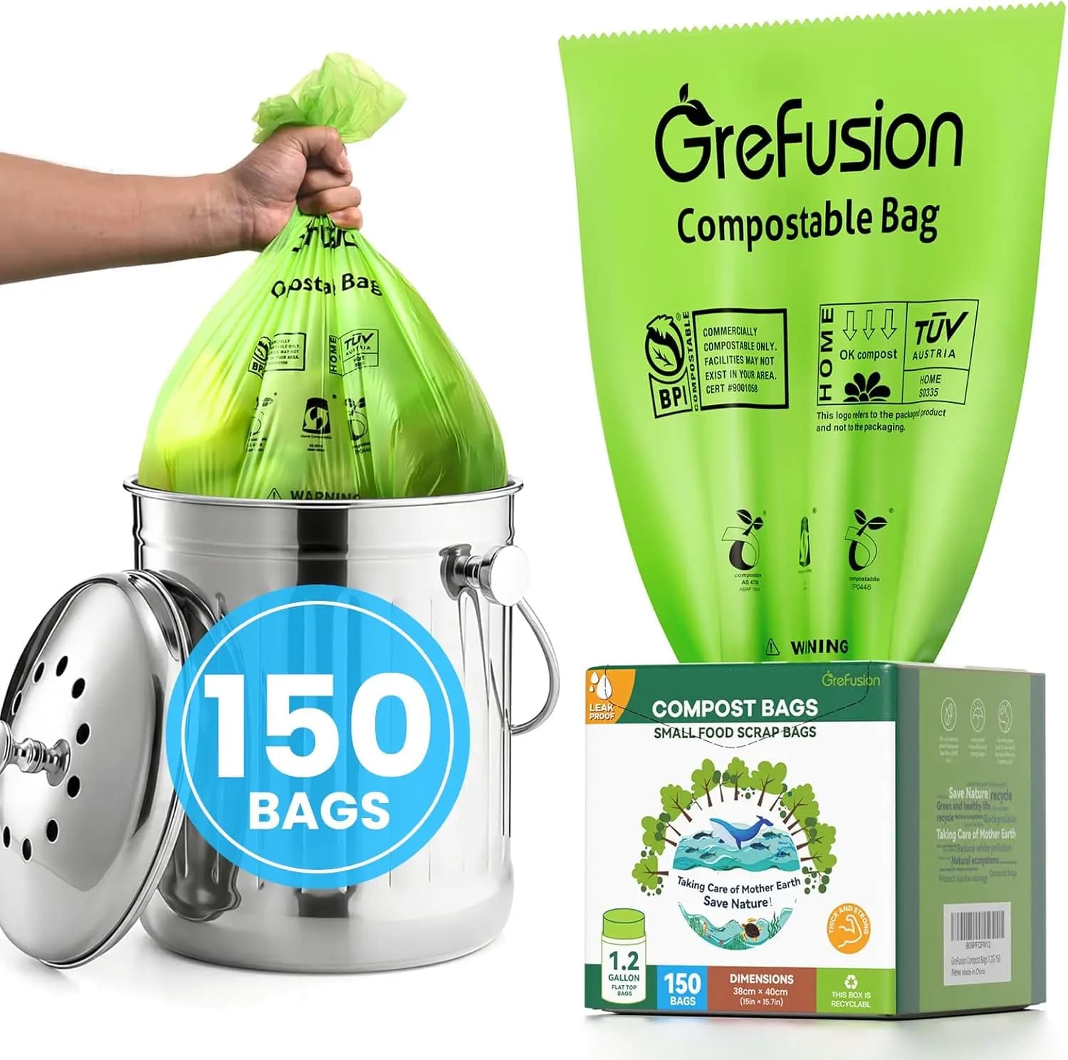 Sacchetti per Rifiuti Compostabili da 1,2 Galloni per Cucina, 150 Pezzi, Certificati BPI e ASTM D6400, Sacchetti Piccoli per Scarti Alimentari per Contenitori da Bancone