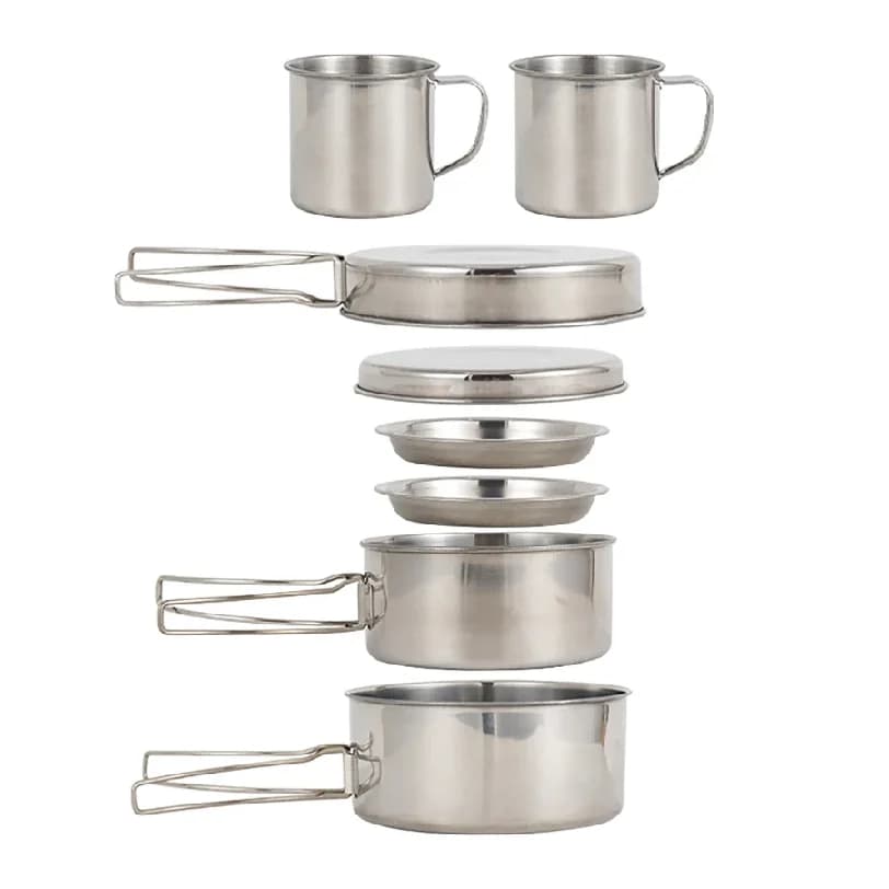 Set of 8 Pieces for Camping, Stainless Steel Pot Kit with Plates and Cups for Hiking and Backpacking at the Open