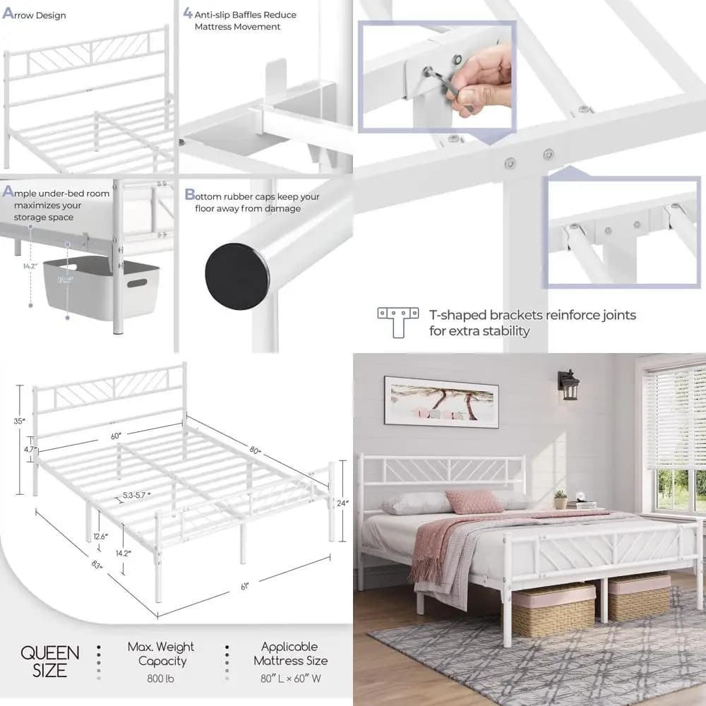 Letto matrimoniale con piattaforma e testiera con design a freccia, base in metallo per materasso o contenitore, non richiede rete a molle, facile da montare
