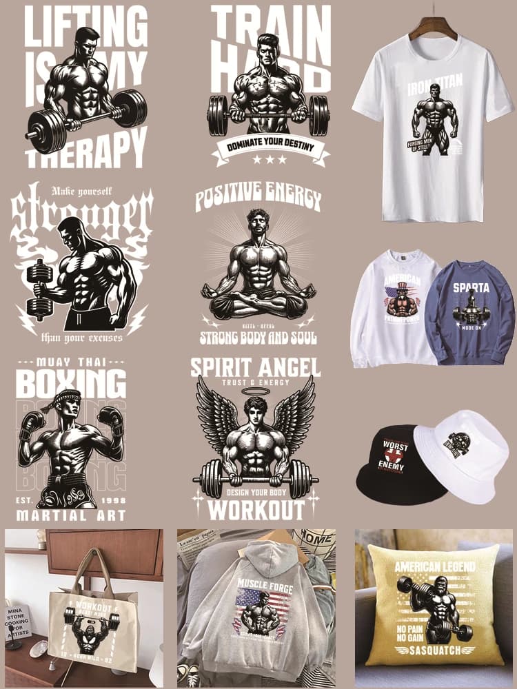Vintage Black White Bodybuilding Barbell Boxing Iron On Heat Transfer Patches Workout Muscle Print Stickers For T-shirt Hoodie