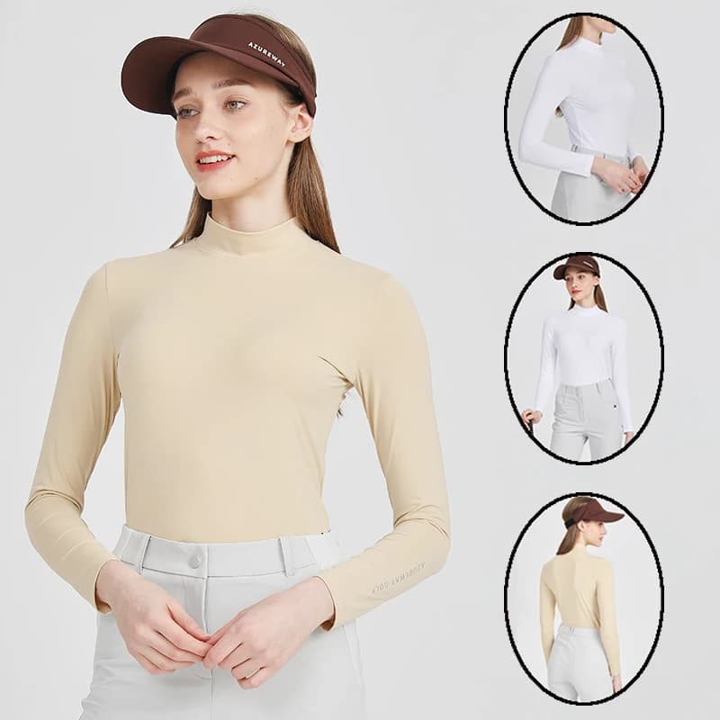 AW Abbigliamento da golf estivo Donna Protezione solare Colletto alla coreana Top T-shirt in seta di ghiaccio a maniche lunghe Camicia skinny slim T-shirt sportive da golf
