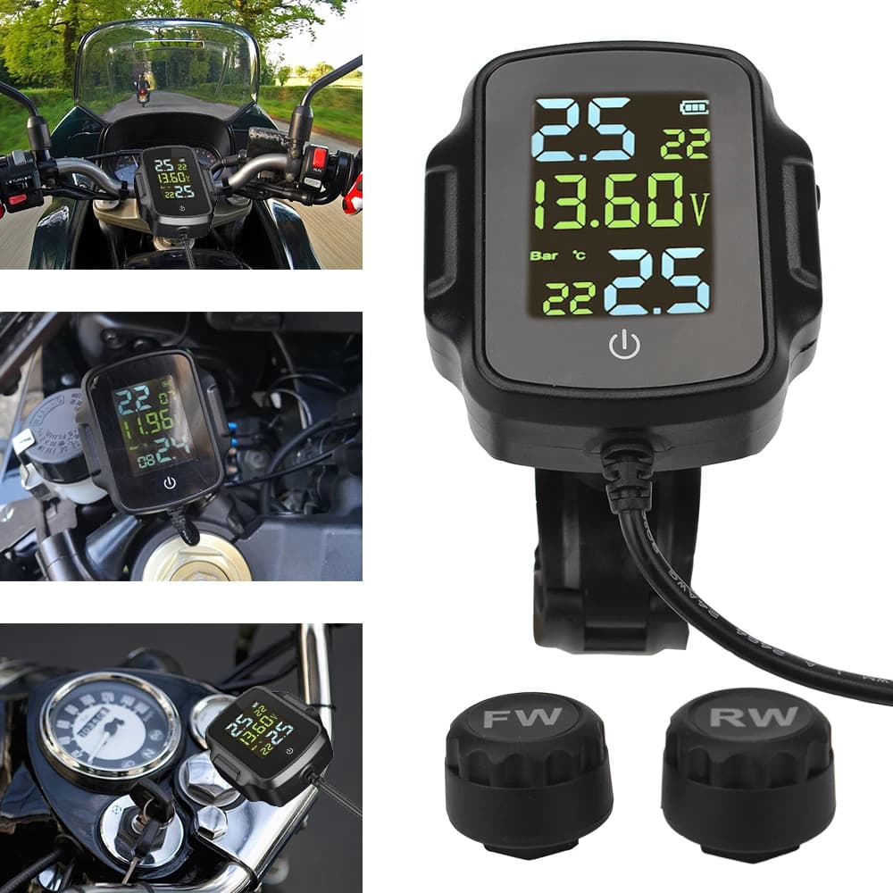 Con QC 3.0 sistema di allarme temperatura pneumatici caricatore USB per telefono Tablet moto TPMS con 2 sensori esterni