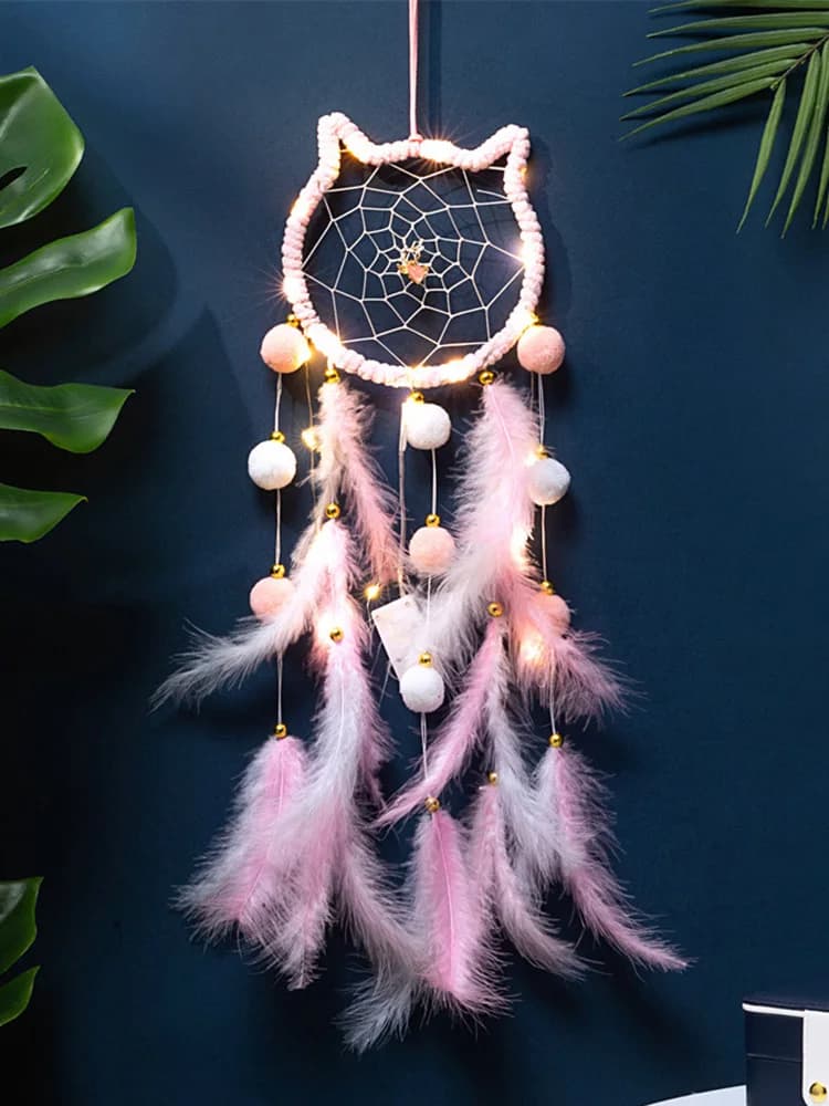 Dream Catcher Hand-woven Outdoor Garden Wind Chimes Pink Feather Bedroom Hanging Ornaments Wall Decor Birthday Christmas Gifts