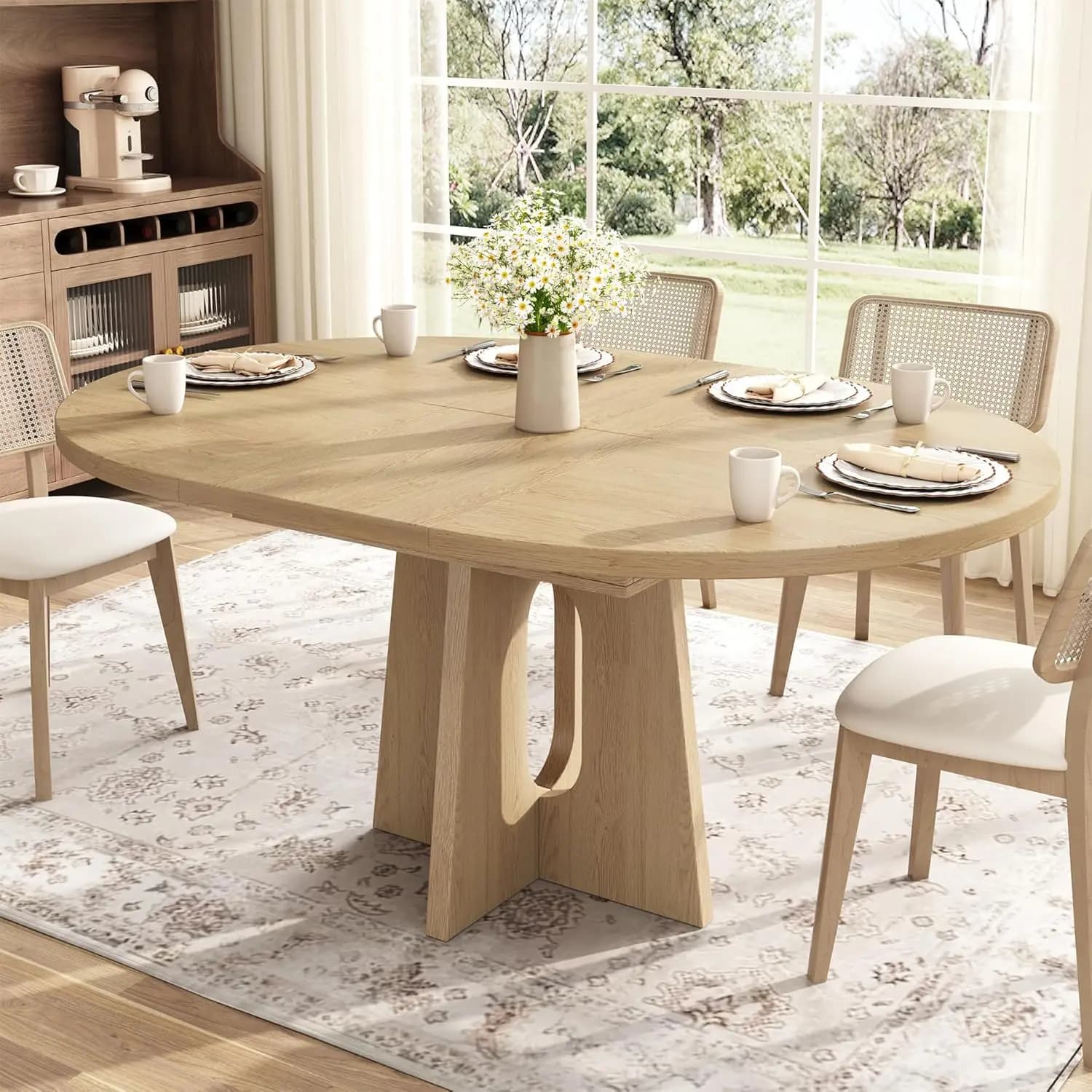 Tavolo da Pranzo Rotondo Allungabile da 59 Pollici per Sala da Pranzo, per 4-6 Persone, Stile Rustico, in Legno Espandibile, Personalizzabile
