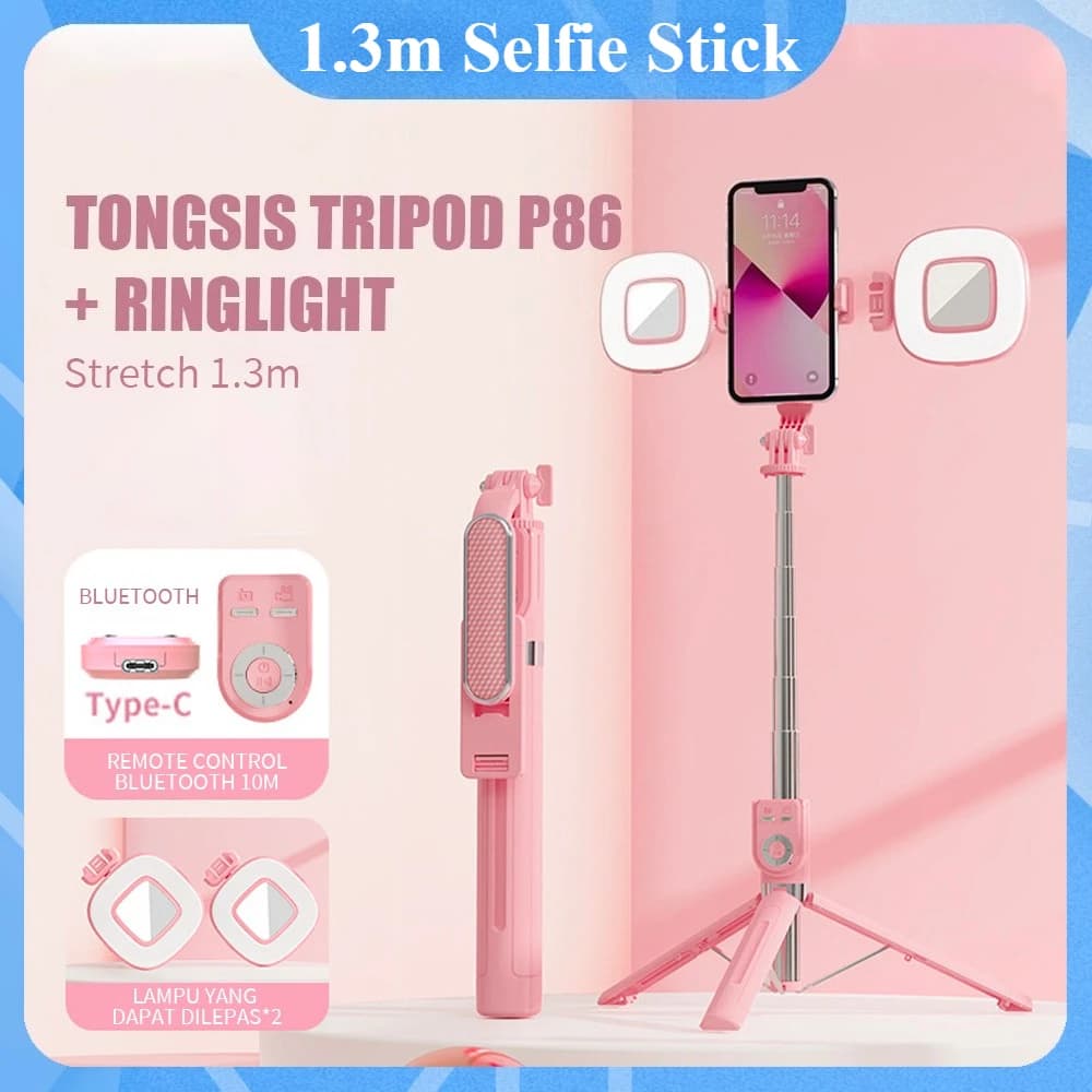 Supporto per telefono treppiede retrattile portatile per selfie stick da 1,3 m con doppia luce di riempimento 360 ° Dispositivi di streaming live per fotografie rotanti