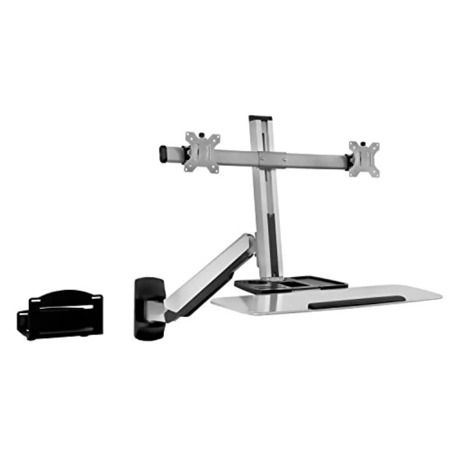 Supporto a parete per doppio monitor per uso ufficio, in acciaio nero, con supporto per tastiera sit-stand a molla a gas e supporto per CPU.