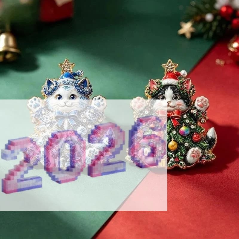 1Pcs Unisex 2-color Rhinestone Happy Kitty New Year Party Causal Brooch Pins Gifts Christmas Tree Cat Brooches For Women