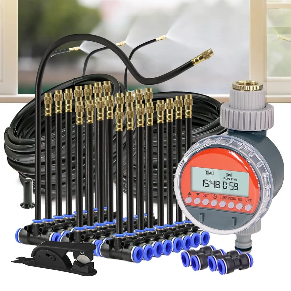 Garden Ball Valve Timer 3/8"PE Hose Misting Cooling System Automatic 20cm Flexible Nozzle Adjustable Spray Kit for BalconyPlants