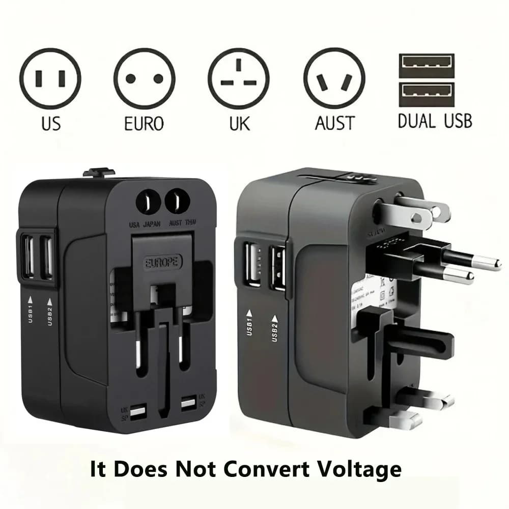 Adattatore da viaggio universale con doppia porta USB, caricatore di corrente universale tutto in uno per prese a muro EU, UK, US, AU, convertitore di prese a muro.