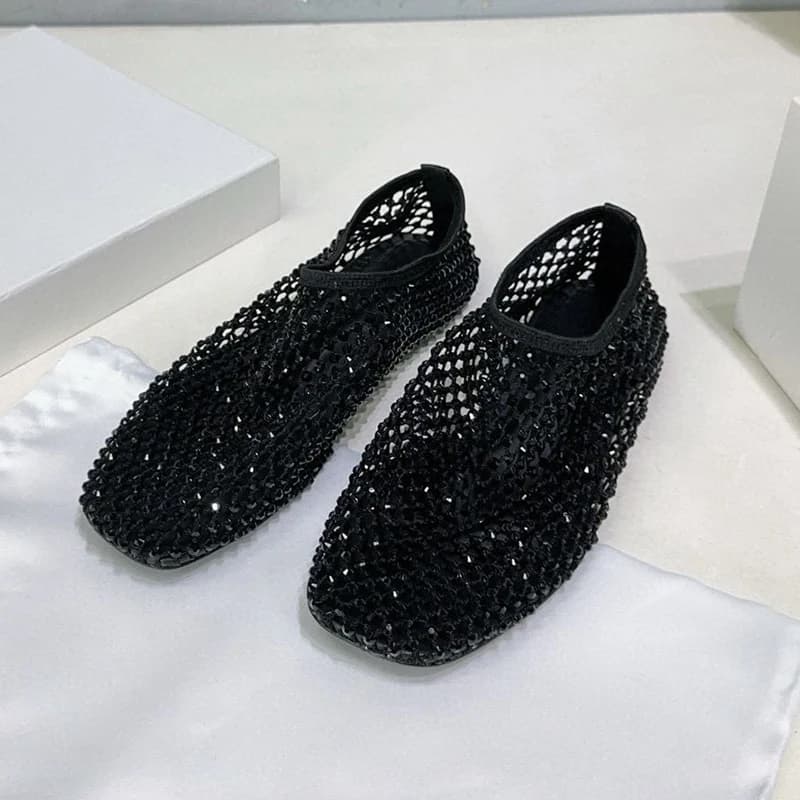 Casual Comfortable Versatile Flat Shoes Women hollow Out Shiny Rhinestones Breathable Grandma Shoes Summer Fashion Single Shoes