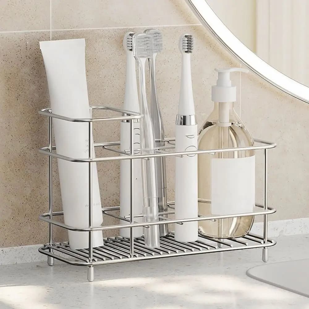 Portaspazzolini in Acciaio Inossidabile Multifunzione Salvaspazio, Porta Dentifricio Antiscivolo, Porta Bicchieri per Collutorio, Organizer da Bagno