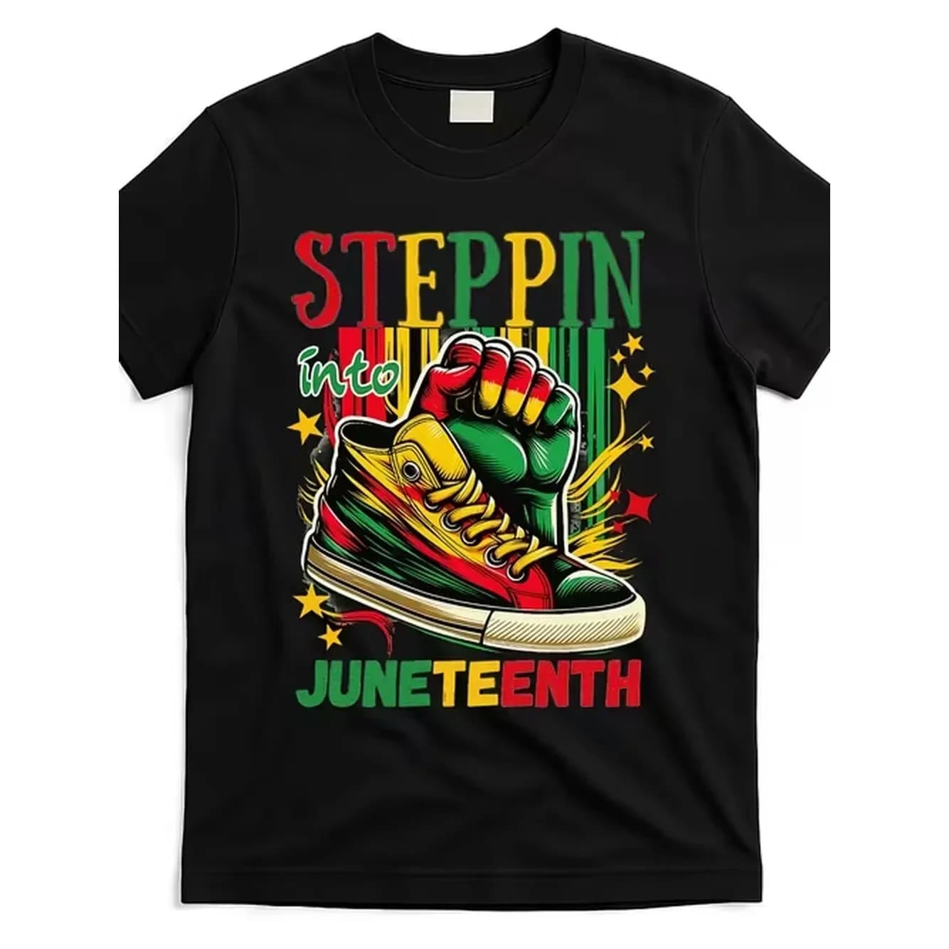 Steppin Into Juneteenth Unisex T Shirt Sneaker Graphic Colorful Text Casual Short Sleeve Tee Black History Celebration Printed Short Sleeved T Shirt 180